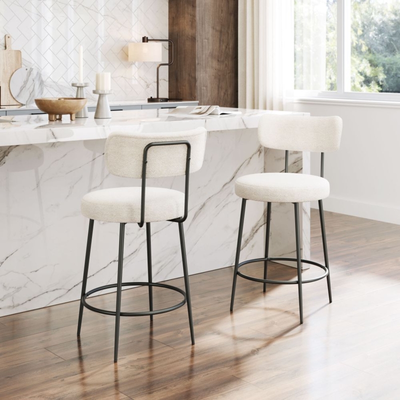 Counter Stool Ivory Boucle with Black Metal Frame Curved Back