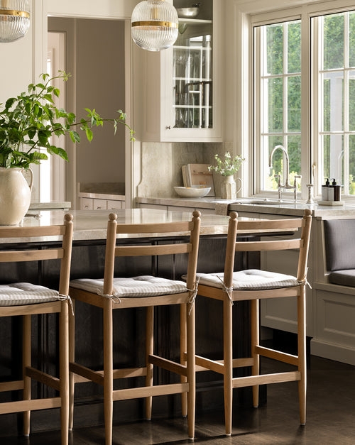 Counter Stool Ladder Back Striped Cushion Finials Transitional Kitchen
