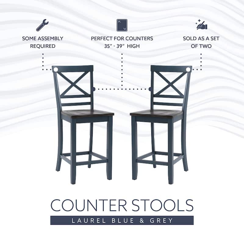 Counter Stool Laurel Blue Finish X-Back Wood Dark Grey Seat