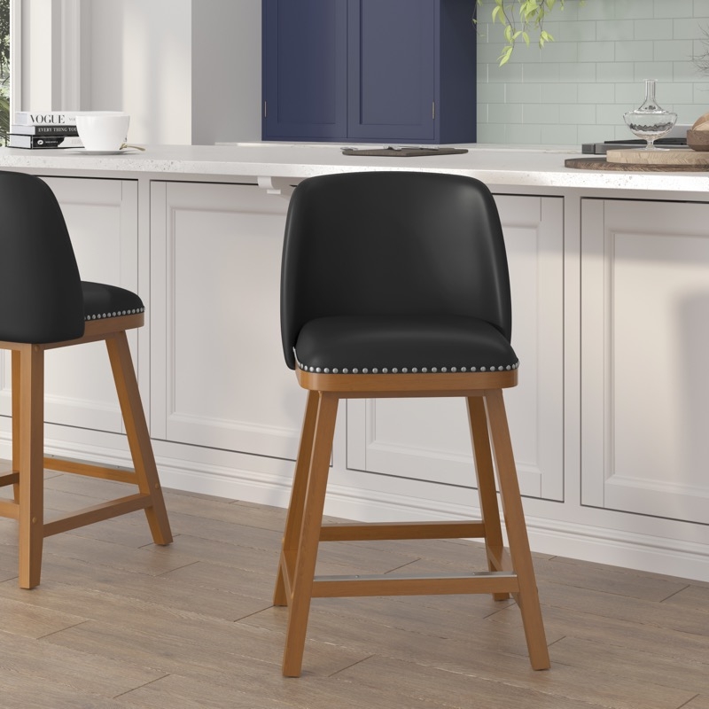 Counter Stool Leather-Like Nailhead Trim Wood Legs