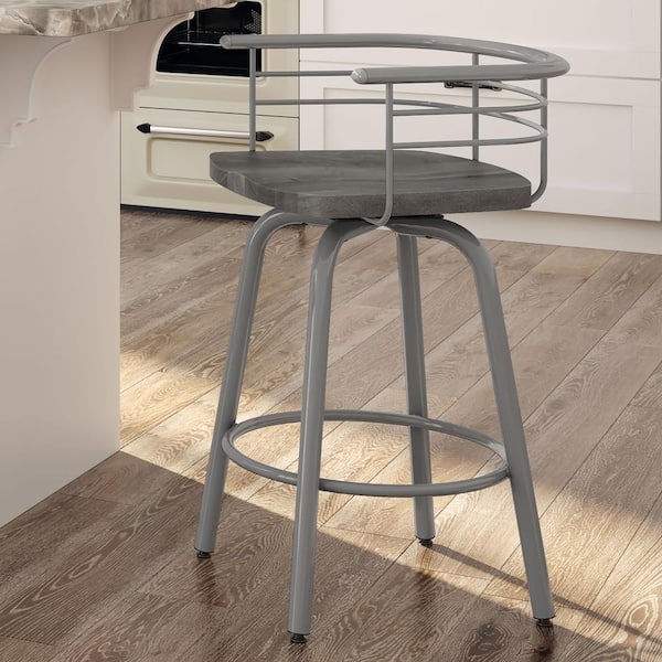 Counter Stool, Light Gray Glossy Metal, Wood Swivel Seat, Curved Rail Back