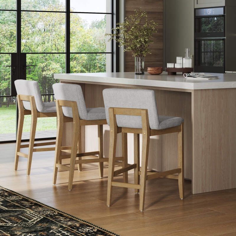 Counter Stool Light Gray Upholstery Blonde Wood Frame Low Back Profile