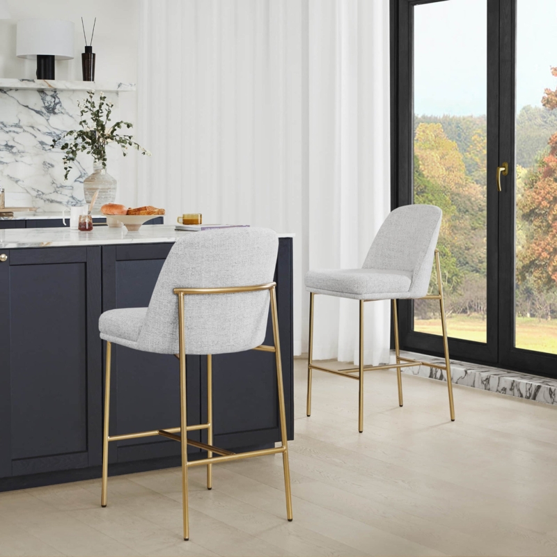 Counter Stool Light Gray Woven Fabric Wraparound Gold Metal Frame
