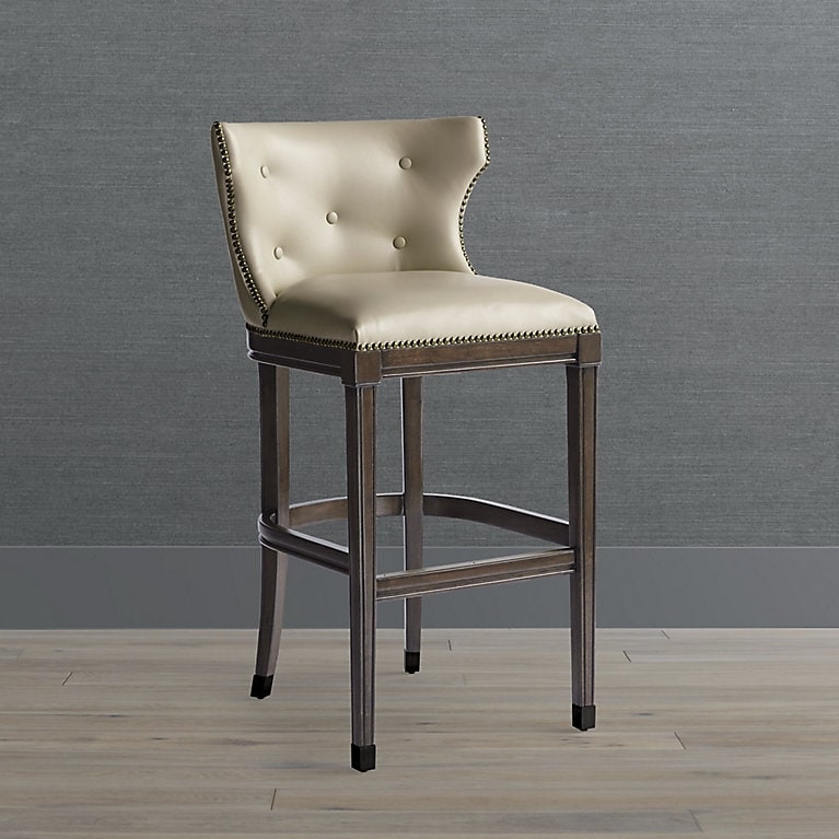 Counter Stool Light Stone Leather-Like Winged Back Button Tufted