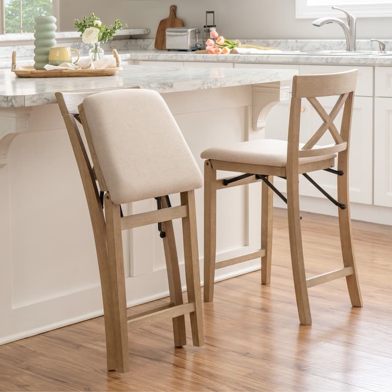 Counter Stool Light Wood X-Back Folding Mechanism Beige Padded Seat
