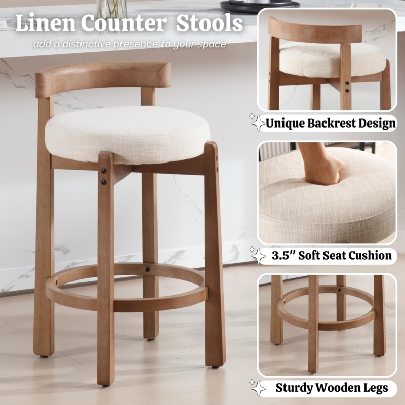 Counter Stool Low Back Beige Linen-Like Wood Frame