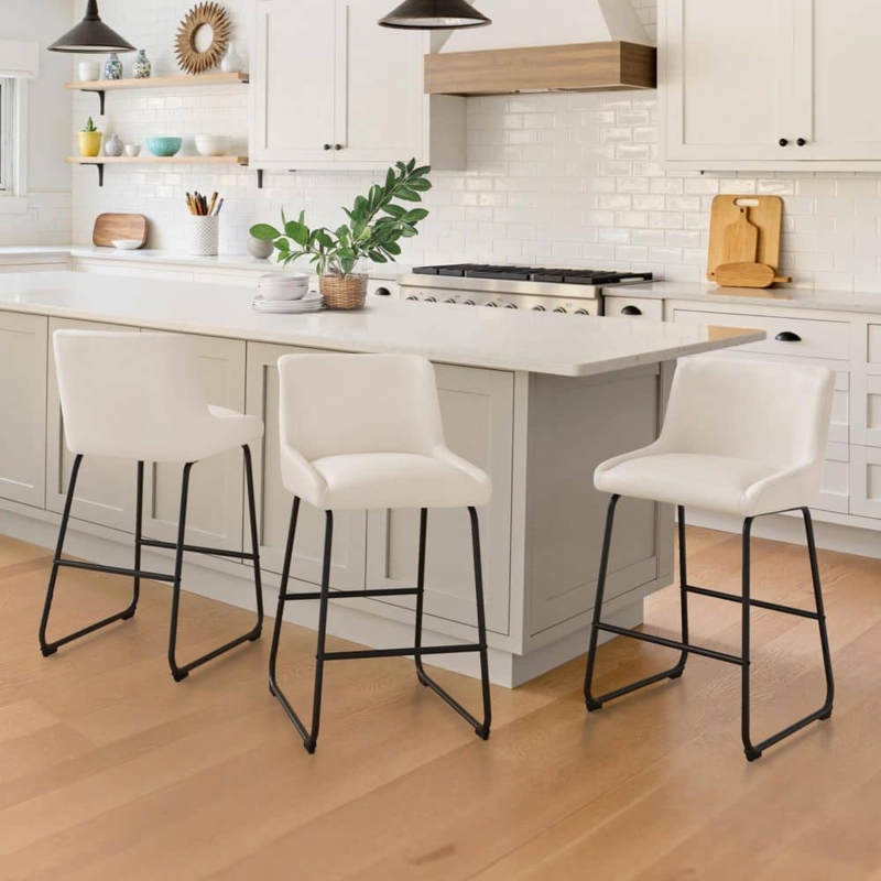 Counter Stool Low Back Leather-Like Seat Black Metal Sled Base