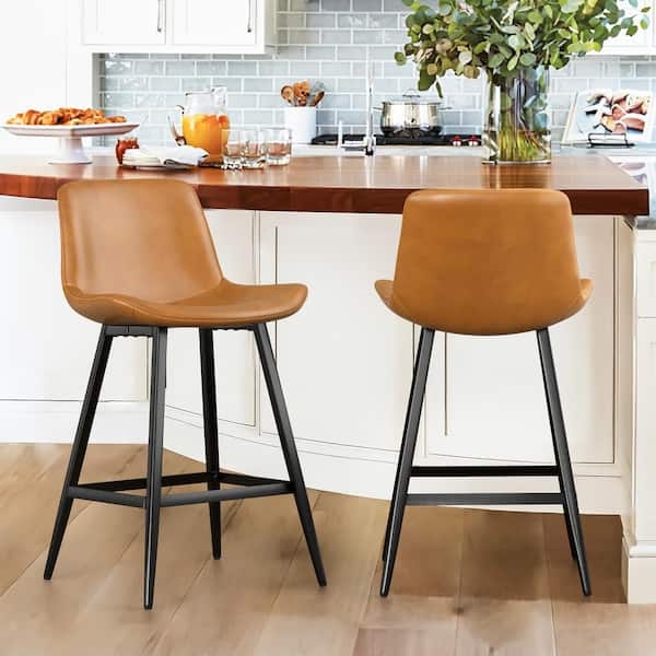 Counter Stool Low Back Profile Whiskey Brown Tapered Metal Legs