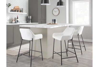Counter Stool Low-Back White Leather-Like Black Metal Legs Modern