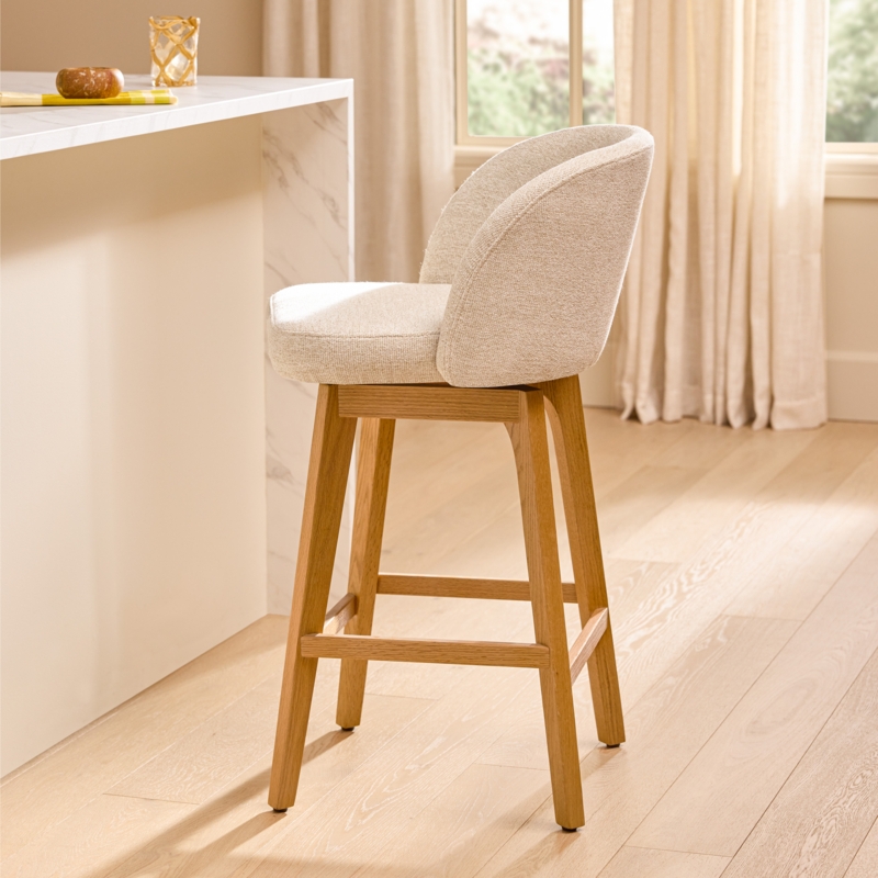 Counter Stool Low Profile Curved Back Boucle Seat Light Oak Base