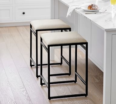 Counter Stool Matte Black Frame Neutral Beige Upholstery Square Silhouette