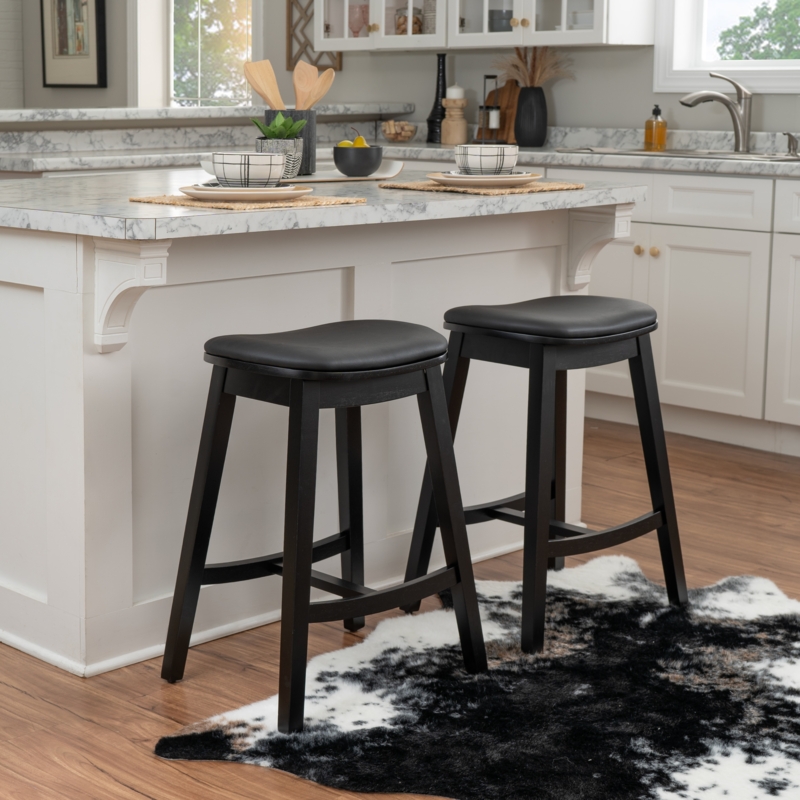 Counter Stool Matte Black Saddle Seat Backless Wood Legs Farmhouse