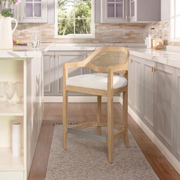 Counter Stool Mid Century Cane Back with Ivory Boucle Seat