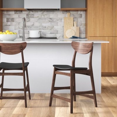 Counter Stool Mid-Century Curved Walnut Backrest Black Seat