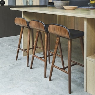 Counter Stool, Mid-Century Modern, Curved Wood Back, Black Upholstery