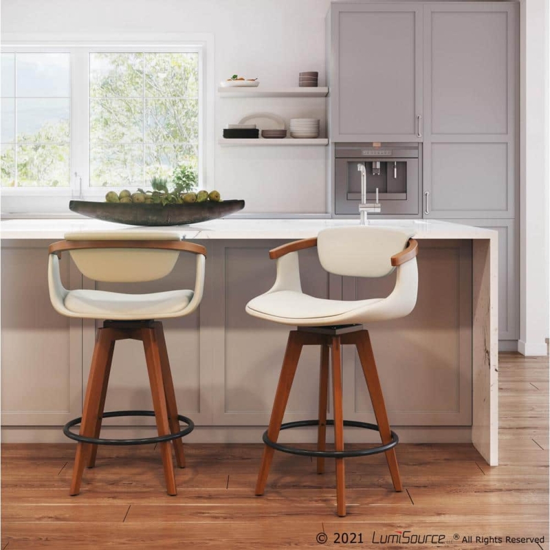 Counter Stool, Mid-Century Swivel, Curved Open Back, Cream and Walnut