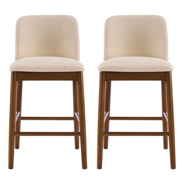 Counter Stool Mid Century Walnut Finish Beige Fabric Tapered Legs