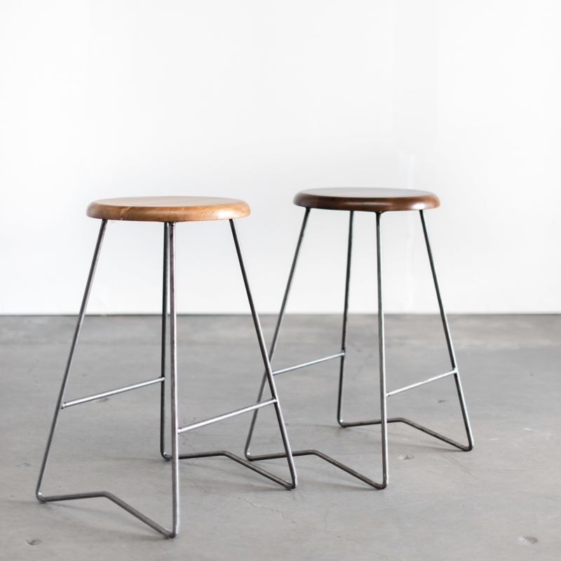 Counter Stool, Minimalist Backless Design, Round Walnut Seat, Metal Sled Base