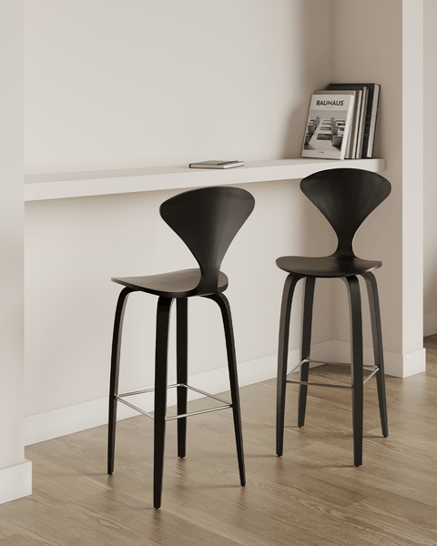 Counter Stool Minimalist Black Wood Wing Backrest Sculptural Design