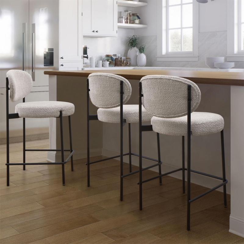 Counter Stool Minimalist Boucle Texture Black Metal Frame