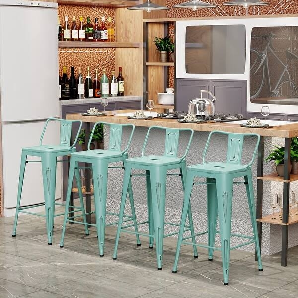 Counter Stool, Mint Green Metal Finish, Low Back, Cutout Handle, Modern