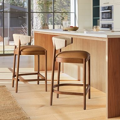 Counter Stool Mixed Materials with Woven Back and Horseshoe Footrest