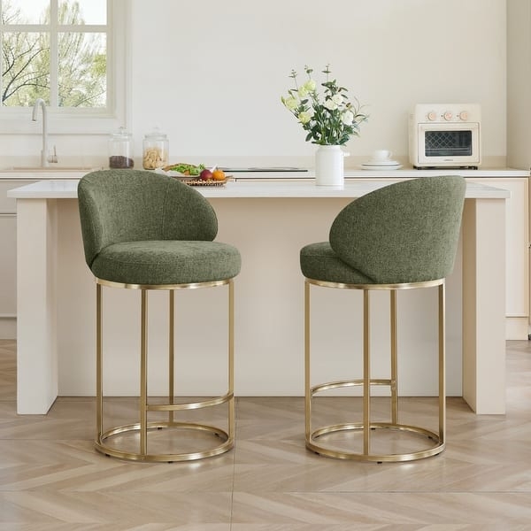 Counter Stool: Modern Glam Arched Back in Olive Green and Gold Metal