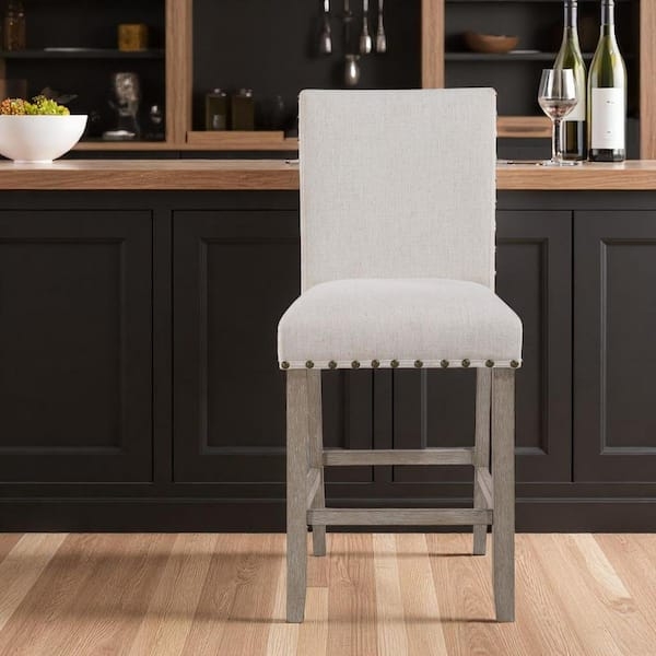 Counter Stool Nailhead Trim Weathered Wood Finish Linen Look Rustic Chic