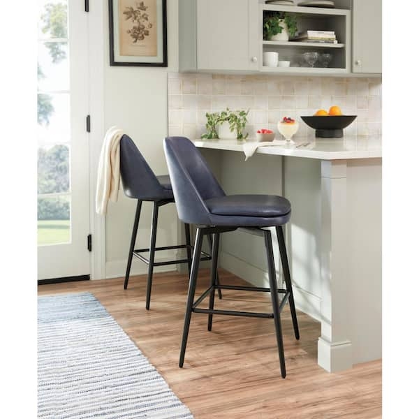 Counter Stool: Navy Blue Leather-Like High Back, Contemporary Style
