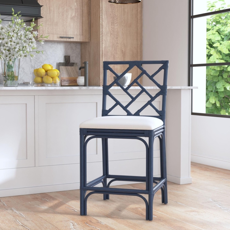 Counter Stool Navy Blue Rattan Chippendale Back Geometric Lattice Design