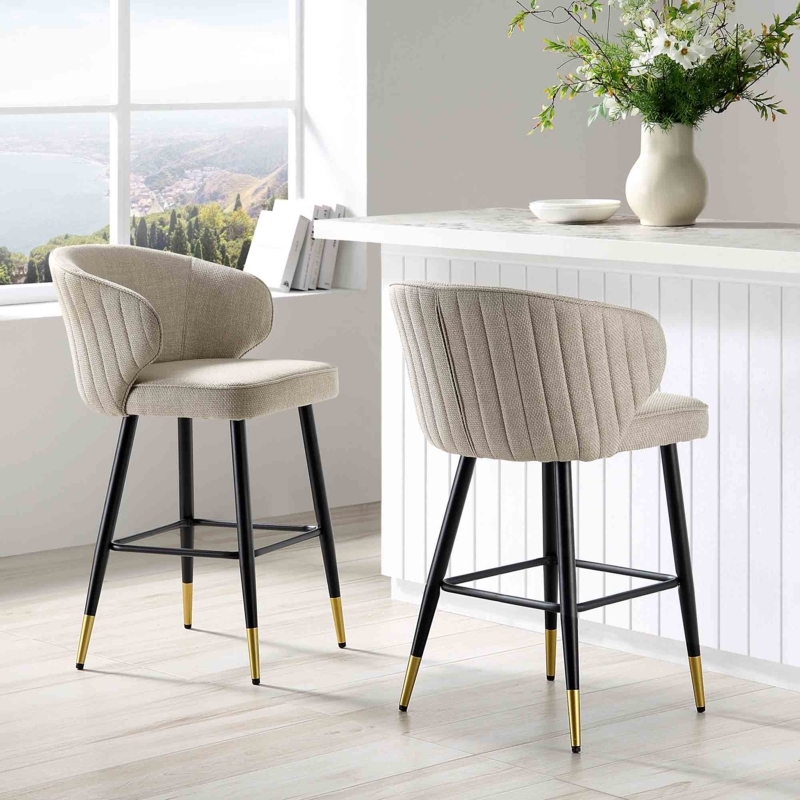 Counter Stool Oatmeal Woven Fabric Ribbed Back Gold Tipped Legs