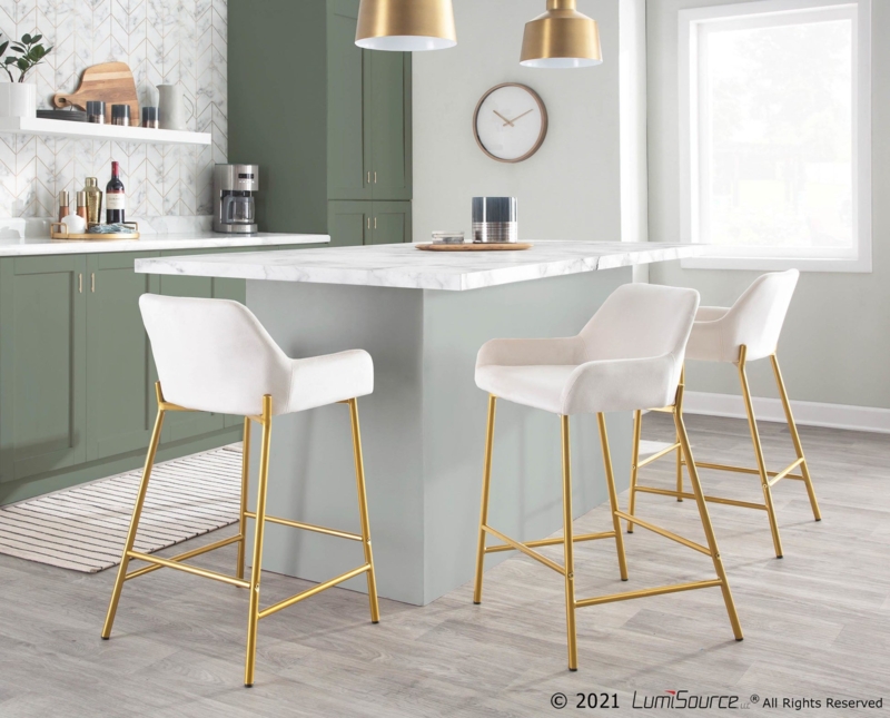 Counter Stool Off-White Velvet Metal Legs Bucket Seat