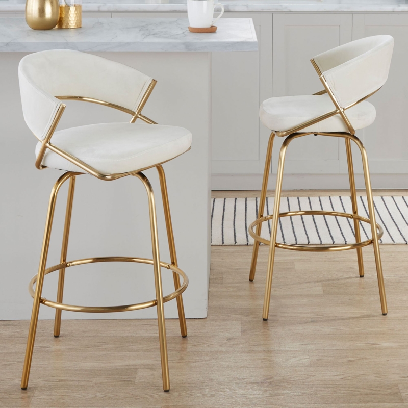 Counter Stool Off-White Velvet with Open Back and Gold Footrest Ring