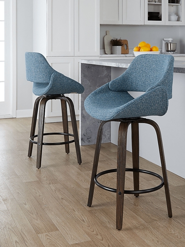 Counter Stool Open Back Heathered Blue Woven Swivel Wood