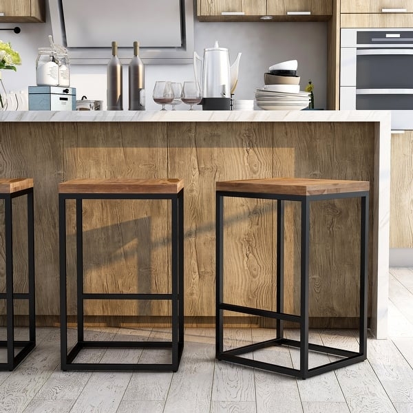 Counter Stool Open Box Frame Wood Seat Black Metal Frame Clean Style