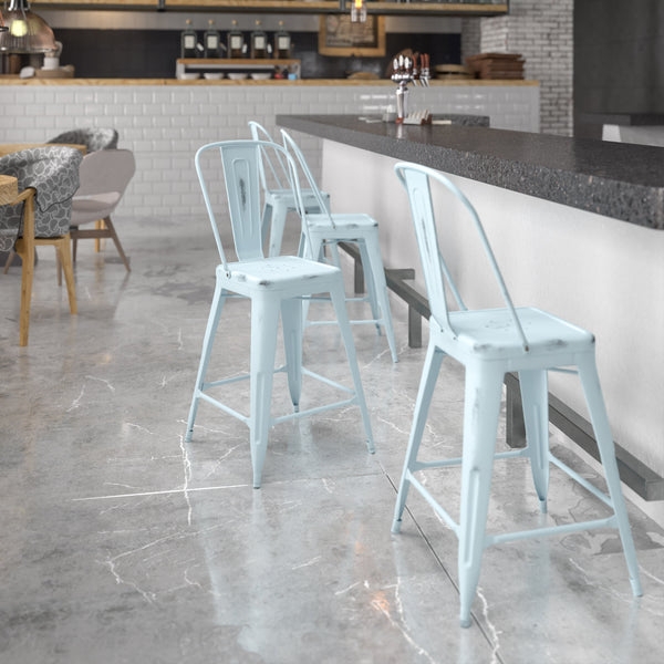 Counter Stool, Pale Blue Distressed Metal, Slat Backrest, Loft Design