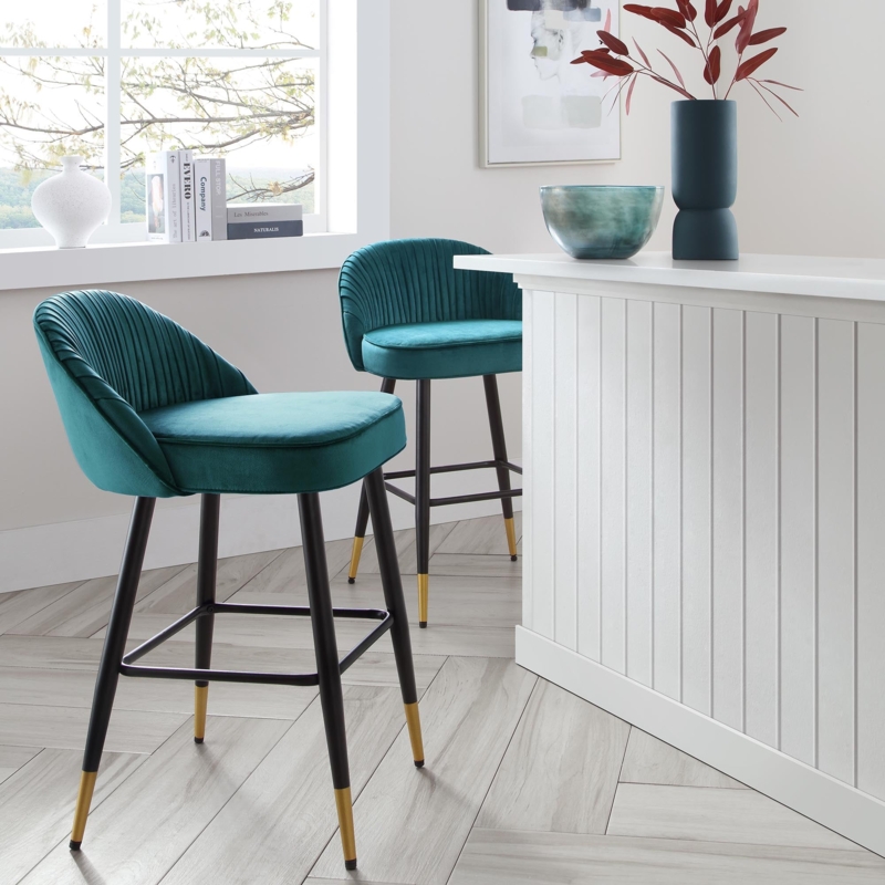 Counter Stool Pleated Back Gold Tipped Legs Teal Velvet Luxe Style