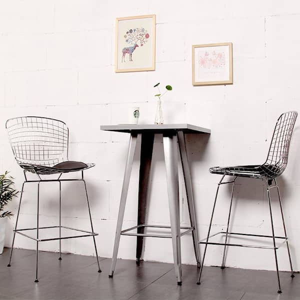Counter Stool Polished Chrome Wire Mesh Frame Black Seat Pad Sled Base