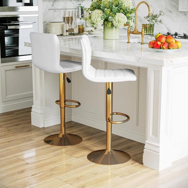 Counter Stool Polished Gold Pedestal Base White Vinyl Adjustable Swivel