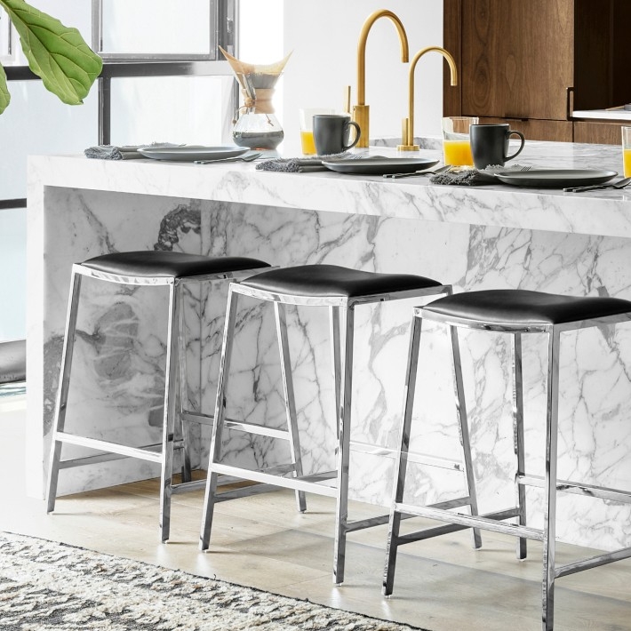 Counter Stool Polished Silver Metal Frame Charcoal Upholstered Seat