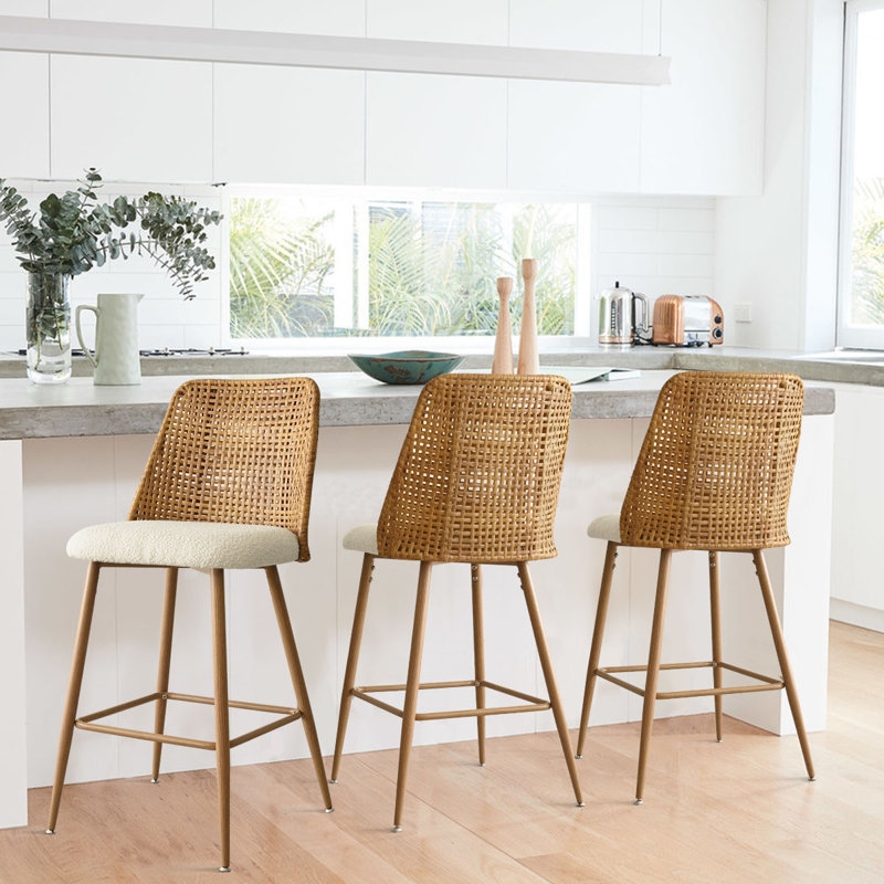 Counter Stool Rattan Back Boucle Upholstery Coastal Modern