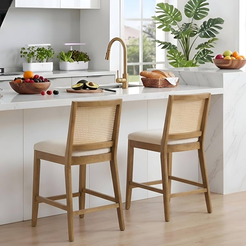 Counter Stool Rattan Back Linen Upholstery Tapered Legs Natural Wood