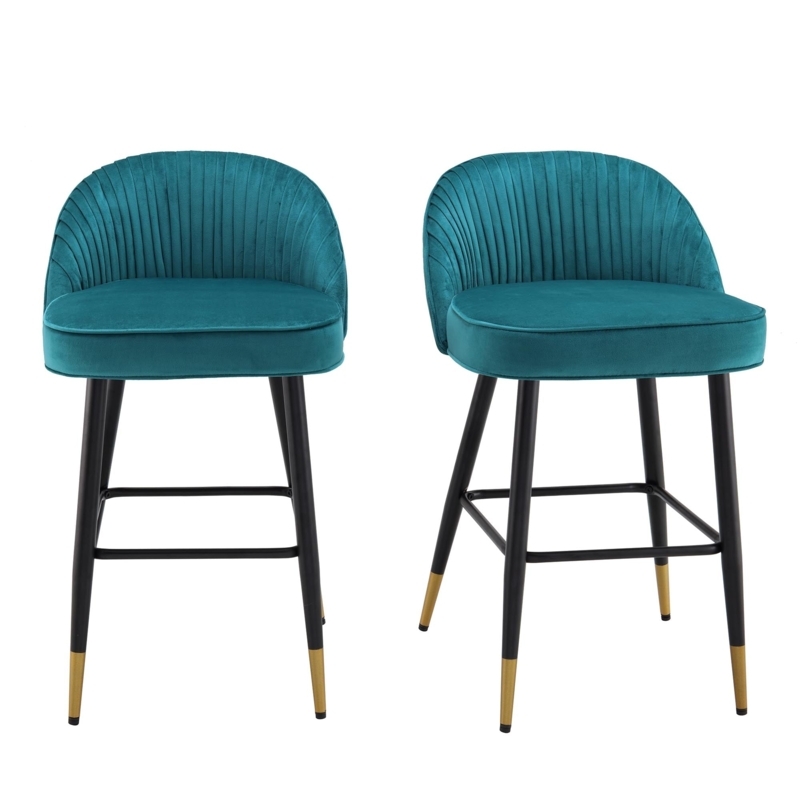Counter Stool Ribbed Velvet Surface Gold Tips Sophisticated Style