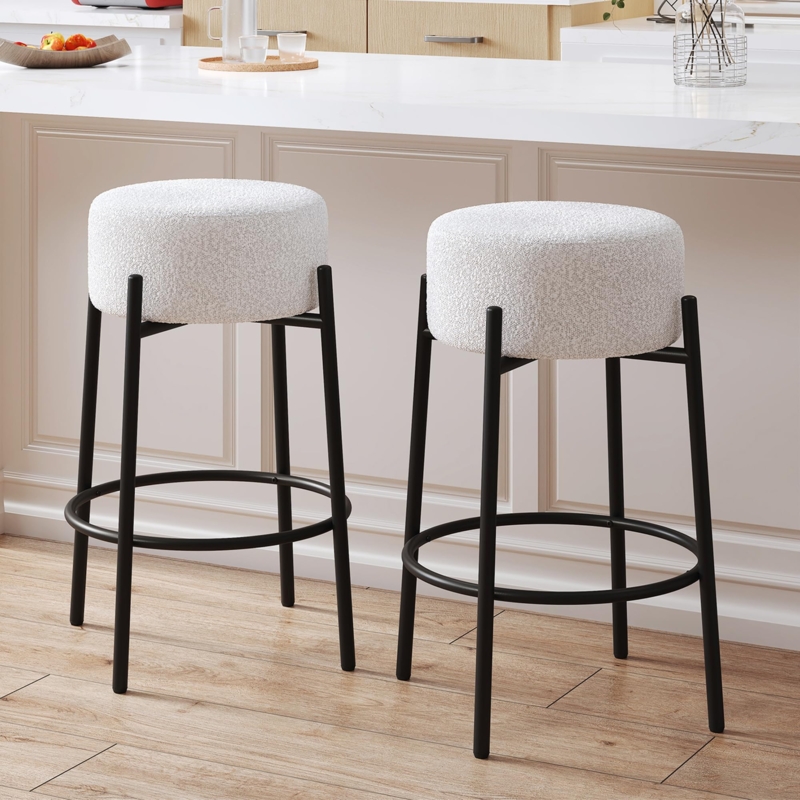 Counter Stool Round Seat Boucle Upholstery Matte Black Frame