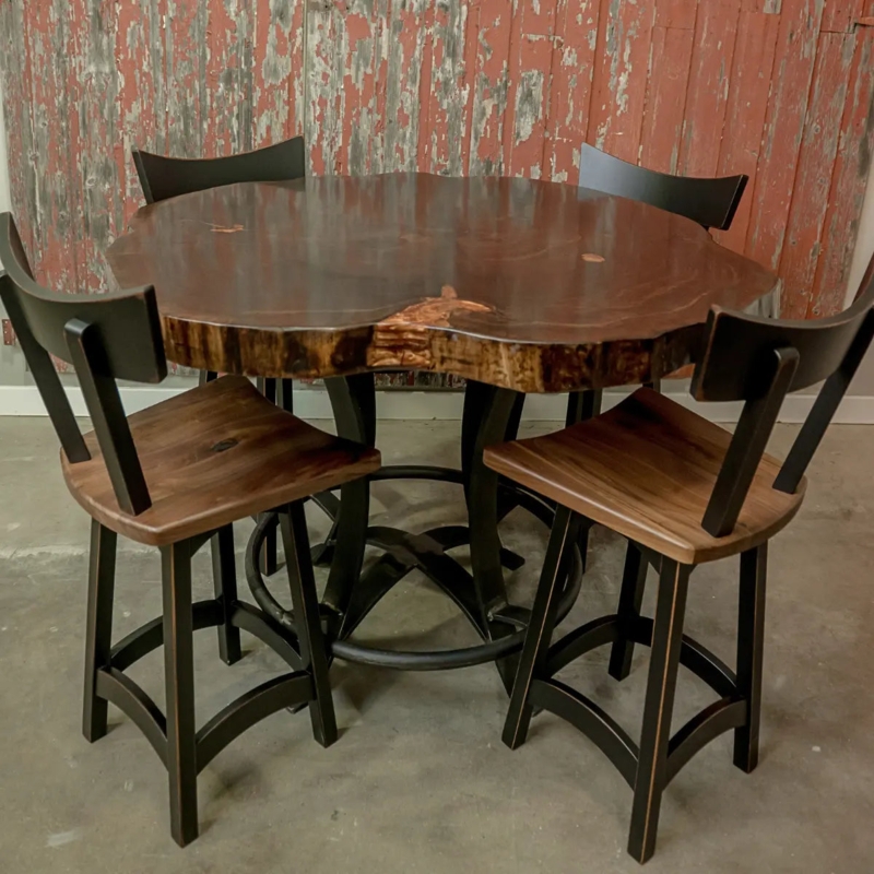 Counter Stool, Rustic Industrial Style, Sculptural Metal Base, Wood Seat