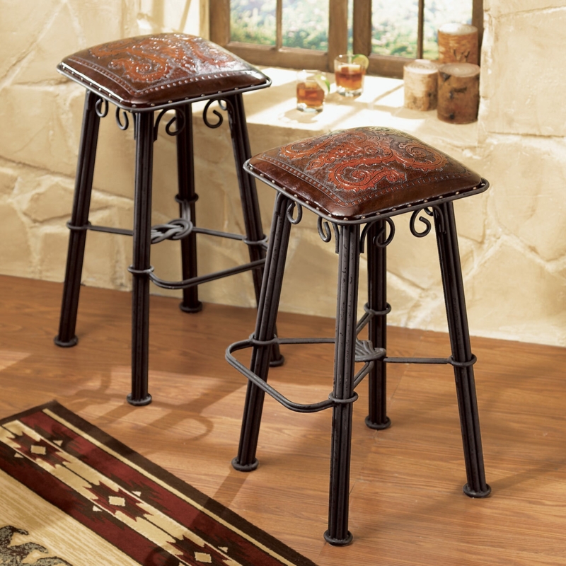 Counter Stool Rustic Western Tooled Leather Look Seat Scrollwork Iron