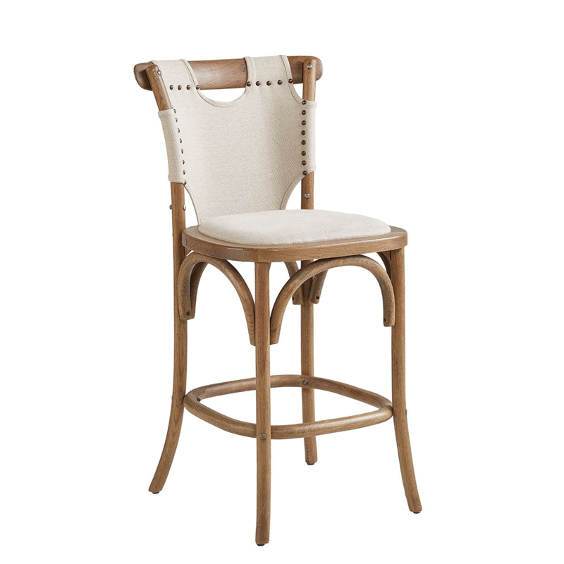Counter Stool, Rustic Wood, Unique Split Shoulder Back, Linen Upholstery