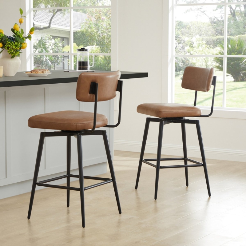 Counter Stool Saddle Brown Faux Leather Swivel Matte Black Industrial