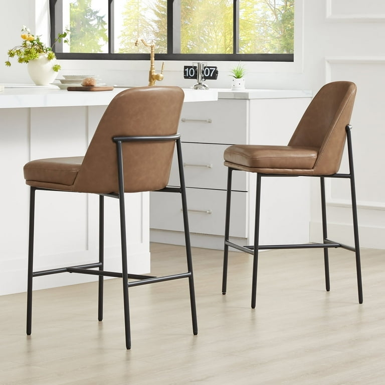 Counter Stool Saddle Brown Leather Look Black Metal Back Wrap
