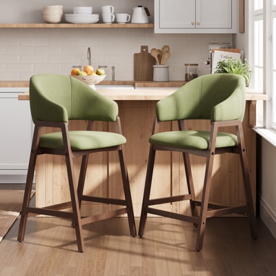 Counter Stool Sage Green Curved Armrests Tapered Wood Upholstered Stools